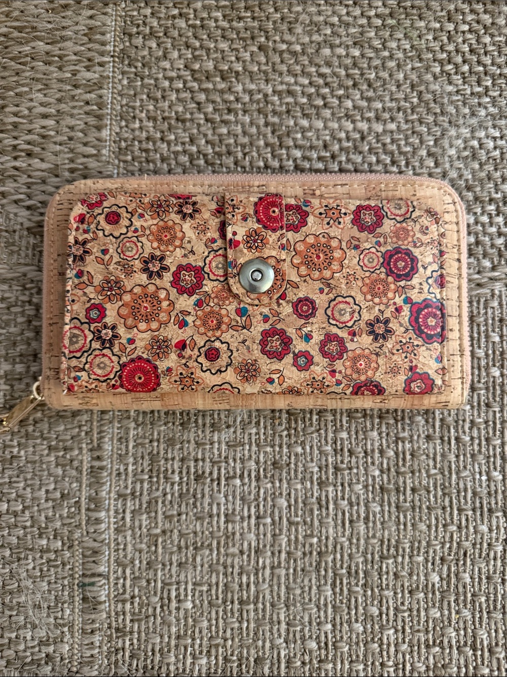 Floral Cork Zip-Around Wallet in Natural Tan